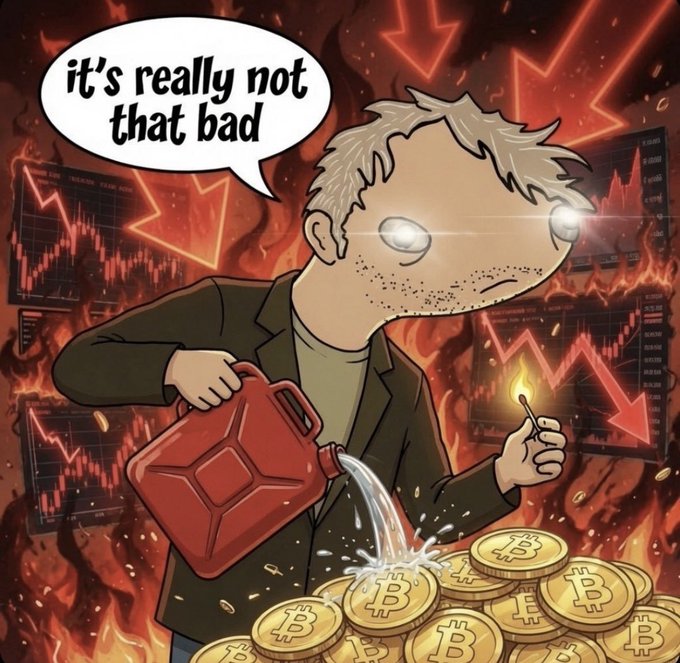 A cartoon illustration showing a man pouring liquid from a gas can onto a pile of Bitcoin coins while holding a lit match, surrounded by flames and crashing red chart graphs, with a speech bubble saying 'it's really not that bad'.