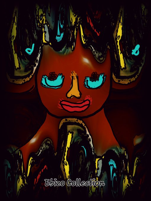 A stylized digital portrait features a figure with turquoise eyes, red lips, and ornate dark hair adorned with yellow and cyan accents, evoking an abstract African-inspired aesthetic. The text "Ebizo Collection" appears at the bottom, identifying it as part of the artist's unique 1/1 edition artwork series on the Polygon blockchain.