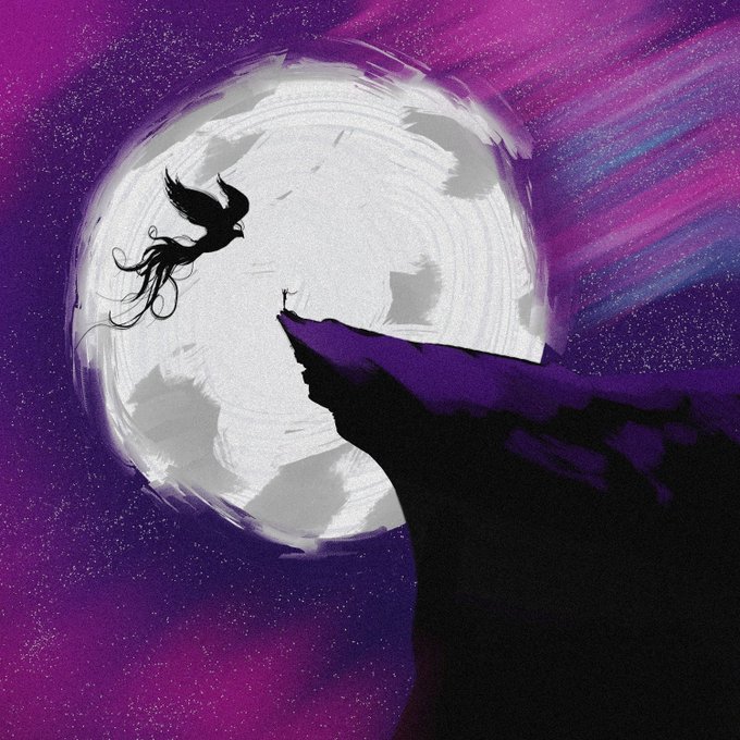A fantasy artwork of a silhouetted figure standing on a cliff edge holding a staff, facing a small dark winged creature against a large moon in a purple cosmic sky.