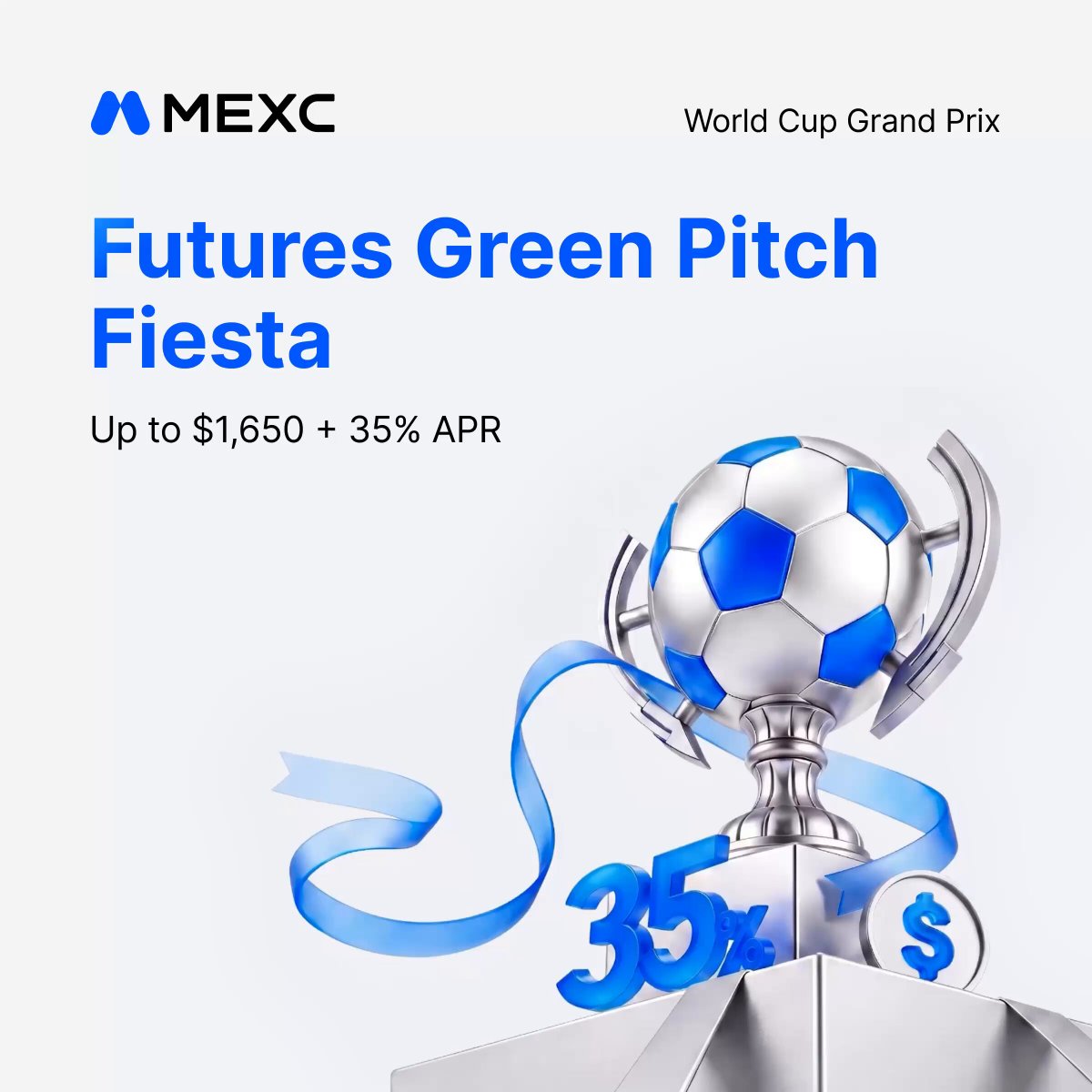 The image features a silver trophy with blue and green colors sitting atop of its base. The trophy also has money written next to it, presumably representing the rewards or bonuses associated with winning the competition. The title of the post displayed above the trophy reads "Futures Green Pitch Fiesta". This combination of items creates an attractive visual display that suggests a connection between winning the competition and receiving financial rewards through the Futures Trading Platform (FTP) on MEXC.com.