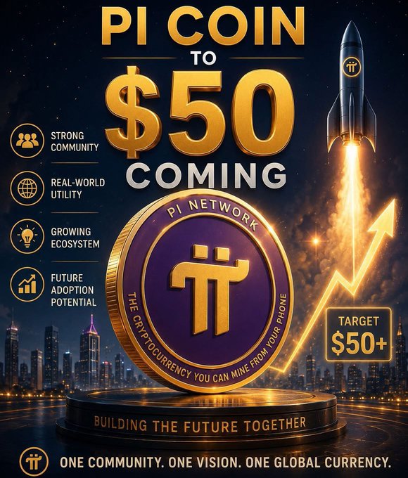 The image is a promotional graphic for Pi Network, featuring a large gold and purple "π" coin and a rocket launch, with bold text reading "PI COIN TO $50 COMING." It lists key selling points—Strong Community, Real-World Utility, Growing Ecosystem, and Future Adoption Potential—along with "TARGET $50+" and the tagline "ONE COMMUNITY. ONE VISION. ONE GLOBAL CURRENCY." The image visually reinforces the post's question about whether $Pi will reclaim $50, presenting an optimistic, bullish case for the cryptocurrency hitting that price target.
