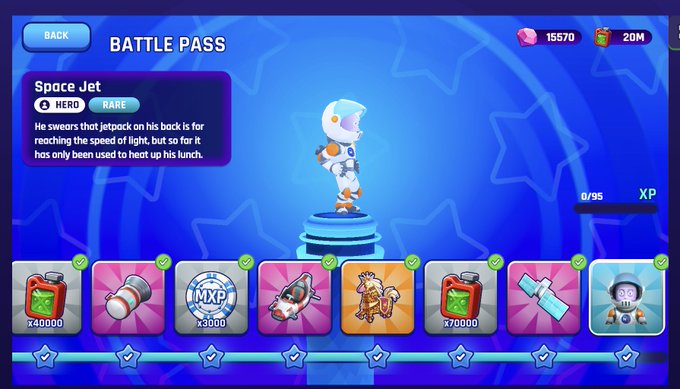 The image displays a fully completed Battle Pass screen from the game "Moody Madness," showing all tiers unlocked with a "Space Jet" hero character and various rewards including x40000 and x70000 XP boosters, currency totals of 15570 gems and 20M coins, and an XP progress bar at 0/95. This aligns with the post's claim of clearing the Battle Pass, as every tier shows the green checkmark indicating completion.