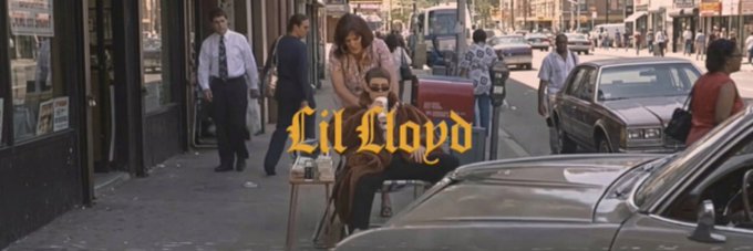 The image, serving as a banner for the Solana token $Lloyd, features the text "Lil Lloyd" in an ornate yellow font overlaid on a busy city street scene where a man sits drinking from a cup while people walk past. The gritty urban backdrop with parked cars and pedestrians gives the banner a street-style aesthetic fitting for the token's branding.