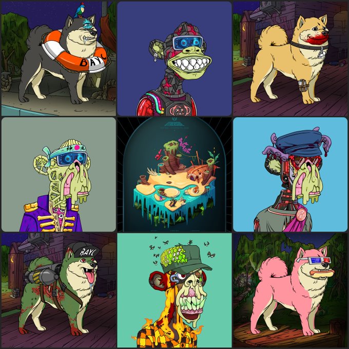 A 3x3 grid of cartoon NFT-style dog images with various costumes and accessories, including a Shiba Inu, a cyberpunk dog, and other stylized characters.