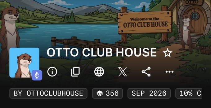 A landing page for 'OTTO CLUB HOUSE' features a cartoon otter mascot holding a 'Welcome' sign in a lakeside village setting, with statistics like 'BY OTTOCLUBHOUSE', '356', and 'SEP 2026' displayed.