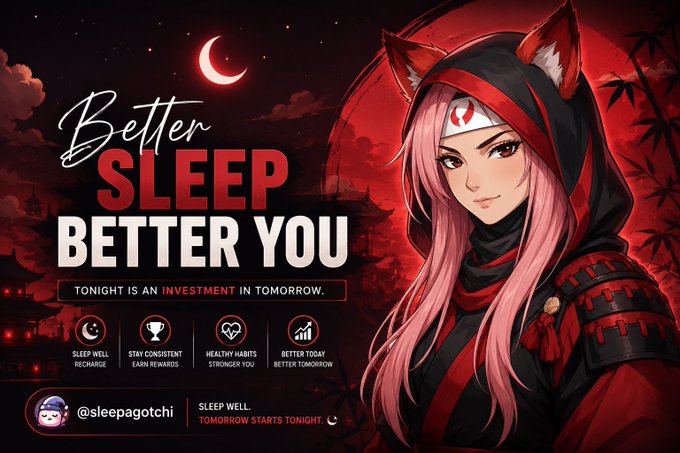 An anime-style ninja character with pink hair and red/black attire appears alongside promotional text reading "Better SLEEP BETTER YOU" with the tagline "Tonight is an Investment in Tomorrow," featuring benefits like "Sleep Well Recharge," "Stay Consistent Earn Rewards," "Healthy Habits Stronger You," and "Better Today Better Tomorrow" under the handle @sleepagotchi. The image ties directly to the post by visually reinforcing @sleepagotchi's message that consistent, quality sleep is a productive investment in tomorrow's performance and rewards.