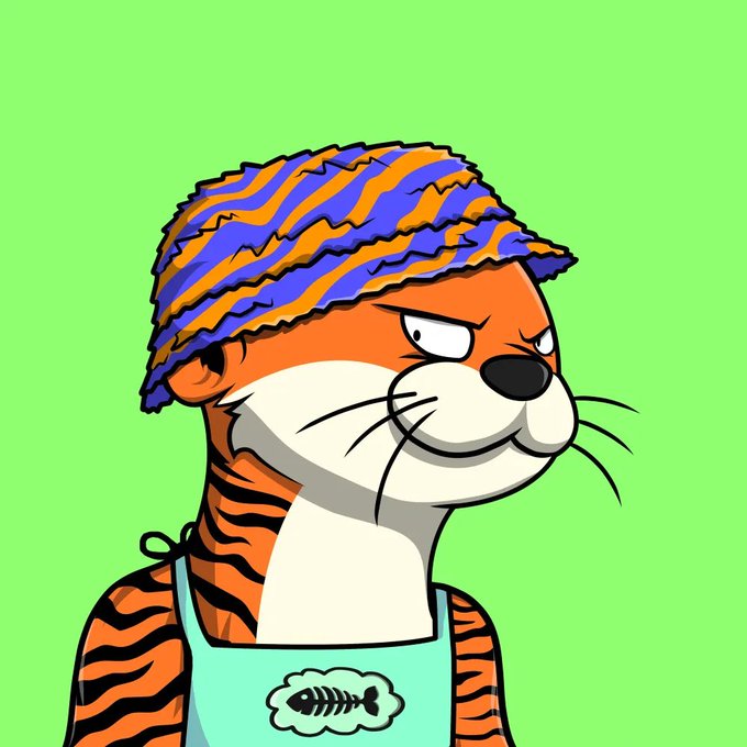 A cartoon illustration of an anthropomorphic tiger wearing a blue and orange mop-like hat and a teal apron with a fishbone design, set against a bright green background.