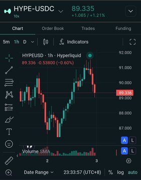 A TradingView chart showing the HYPE-USDC pair trading at 89.335, up 1.21%, with HYPE/USD at 89.336 showing a decrease of -0.60% over a 1-hour interval.