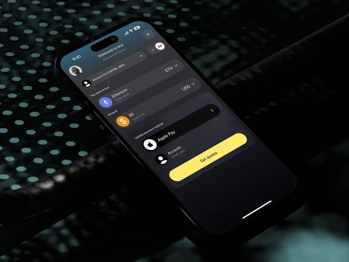 A smartphone displaying an 'Amount to buy' screen on a crypto exchange app, showing options for ETH and USD with a 'Get started' button.