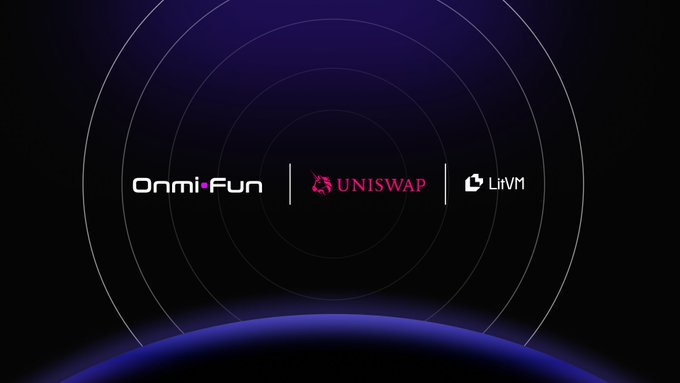 A dark blue digital banner displaying three logos: onmi-Fun, UNISWAP, and LitVM, with circular light patterns in the background.