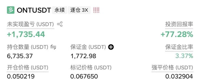 The image shows a trading position summary for ONTUSDT perpetual contract with 3X leverage, displaying an unrealized profit of +1,735.44 USDT (+77.28% ROI), a position size of 6,735.37 USDT, margin of 1,772.98 USDT (3.37% margin ratio), entry price of 0.050219, mark price of 0.067650, and liquidation price of 0.032904. This relates to the post's theme of holding profitable positions rather than selling too early, as it visually demonstrates the strong gains achieved by maintaining a leveraged long position on ONTUSDT despite market fluctuations.