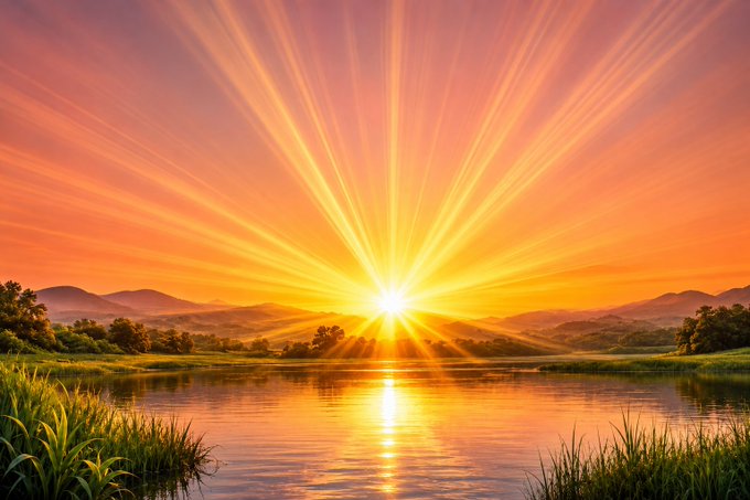 A vibrant landscape photograph of a radiant sunburst at sunset over a calm lake, with silhouetted mountains and grassy foreground.