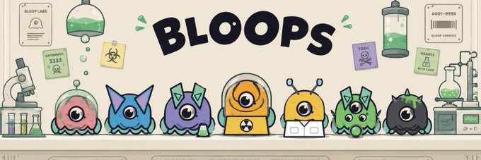 Illustration of the 'BLOOPS' NFT collection, showing colorful cartoon creatures in jars with 'BLOOP LABS' and 'LICENSE 3333' labels in a laboratory setting.