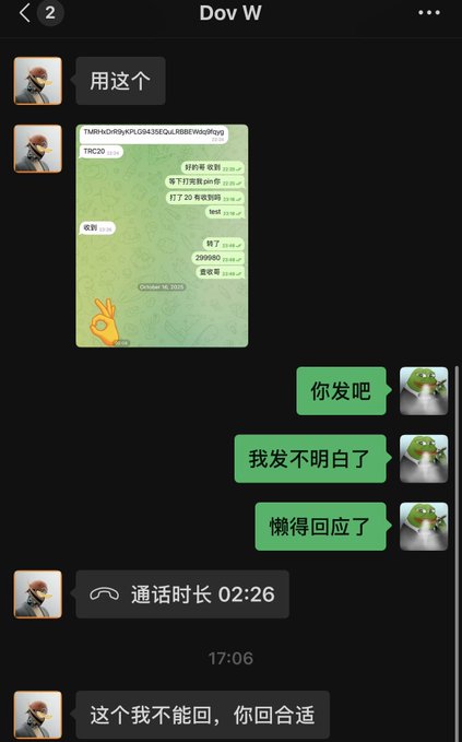 A Telegram chat in Chinese with a contact named 'Dov W', where the user declines to engage further, citing lack of understanding and laziness, followed by a 2:26 phone call notification.