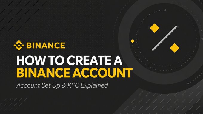 A dark graphic with the Binance logo and yellow text reading 'HOW TO CREATE A BINANCE ACCOUNT' and 'Account Set Up & KYC Explained', accompanied by a circular yellow and white geometric design.
