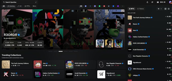 A screenshot of the OpenSea NFT marketplace interface displays a featured collection called 'R3ORDR' by derededeire with statistics including floor price 0.0261 ETH, alongside a sidebar of trending collections like 'The Fool's Journey: Editions' and 'Axol.'