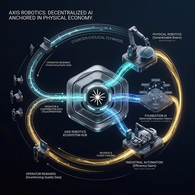 A complex diagram illustrating the 'AXIS ROBOTICS' ecosystem, showing a counter-cyclical flywheel connecting physical robotics, foundation AI tokens, and industrial automation to a central ecosystem hub.