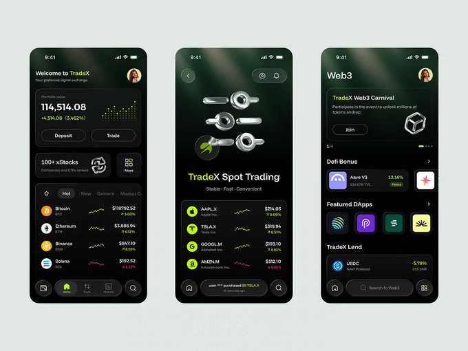 Three mobile app screens for TradeX, a cryptocurrency exchange, showing portfolio balances, a TradeX Spot Trading interface with coins like AAPL.X and TSLA.X, and a Web3 section featuring a 'TradeX Web3 Carnival' event and DeFi bonuses.