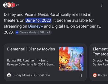The image displays a Google search result snippet about Disney and Pixar's "Elemental," noting its theatrical release on June 16, 2023, and digital release on September 13, 2023, with a PG rating and 1h 43m runtime. The caption "STELLAR RIPPLE - Elemental 322 'Christmas in July'" suggests the post is promoting or referencing this movie as part of a series or themed event, highlighting its cultural or promotional relevance.
