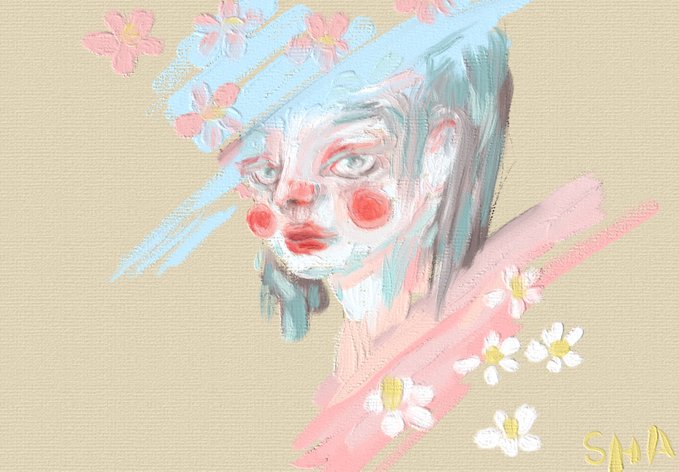 A digital painting of a girl with blue hair and red circular markings on her cheeks, surrounded by pink and white cherry blossoms and brushstrokes, signed 'SMA' in yellow in the bottom right corner.