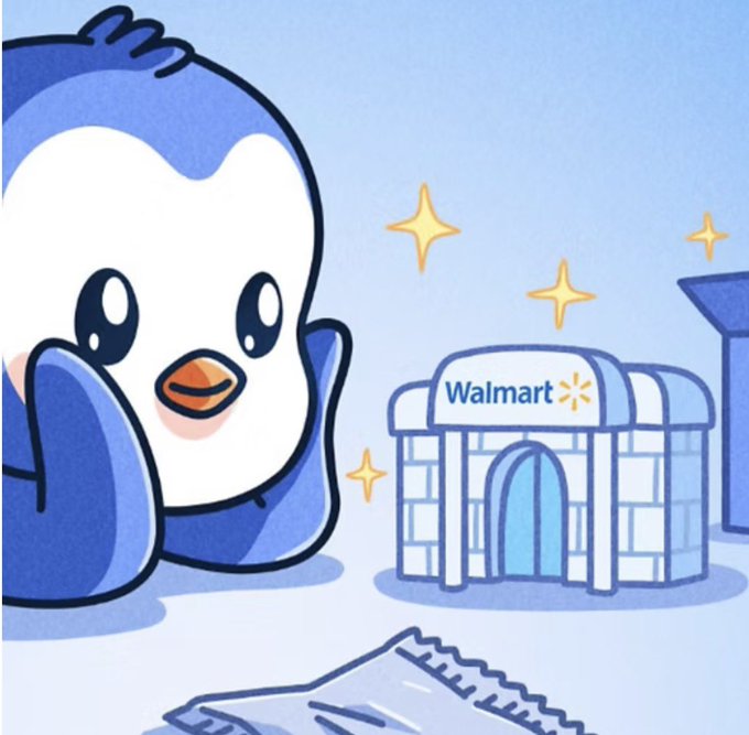A cartoon illustration featuring a penguin character next to a Walmart building with a sparkle effect.
