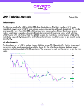 A document from "CRYPTO VIEWS" titled "LINK Technical Outlook" dated August 9th discusses daily and intraday thoughts for Chainlink (LINK) above a chart showing a descending price pattern with a downward trendline.