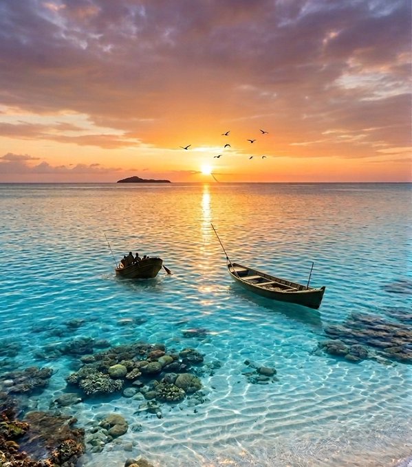A scenic sunset over a turquoise ocean with two small wooden boats floating near a rocky shore, birds flying in silhouette, and a small island on the horizon.