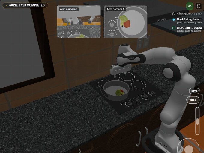 A robotic arm simulation showing a "PAUSE: TASK COMPLETED" screen with arm camera feeds, a pan on a stovetop, and controls labeled "ROTATE," "GRIP," and instructions to "Hold & drag the arm."