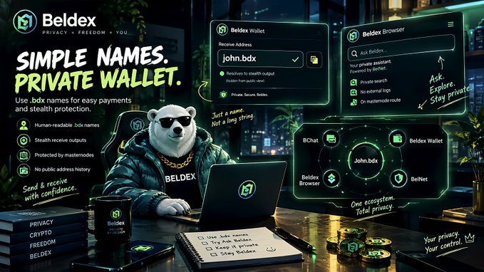 A promotional graphic for Beldex featuring a bear character in sunglasses using a laptop, advertising "SIMPLE NAMES. PRIVATE WALLET" with .bdx domain services and privacy features.