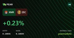A digital trading card for "XMR ZEC" shows a price change of "+0.23%" with a green background.