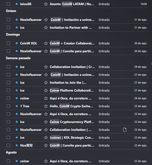 A screenshot of an email inbox in dark mode showing multiple collaboration and partnership invitations from senders like 'NoxInfluencer', 'ice', and 'CoinW KOL' regarding the CoinW cryptocurrency platform.