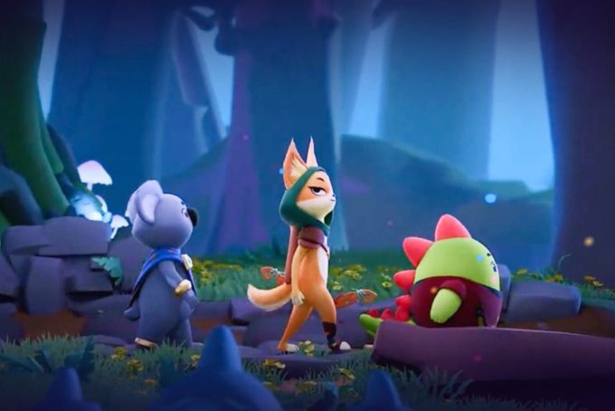 A 3D animated scene showing three stylized animal characters—a bear with a sword, a fox-like figure in a hood, and a cactus creature—standing in a mystical forest setting.