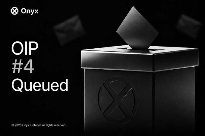 A sleek, monochromatic graphic announces that "OIP #4 Queued" from Onyx Protocol, featuring a black ballot box embossed with the Onyx "X" logo as an envelope drops into its slot. The accompanying post explains that OIP #4 (an Onyx Improvement Proposal) is now queued and will be executable in roughly 28 hours, tying the ballot-box imagery to the protocol's on-chain governance voting process accessible via app.onyx.org/en/governance.