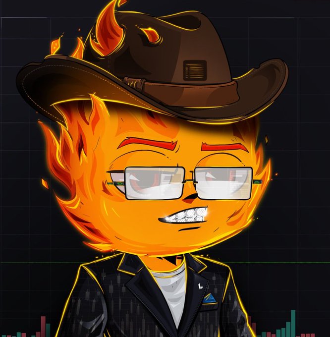 A cartoon-style avatar of a flaming orange head wearing a brown cowboy hat, square glasses, and a dark suit jacket with a blue pin, set against a dark background with green trading chart elements.