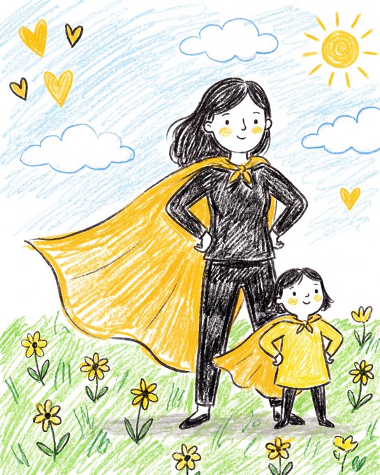 A crayon-style illustration shows a smiling woman wearing a yellow superhero cape, standing confidently with hands on her hips next to a small child in a yellow cape, both surrounded by flowers, hearts, a sun, and clouds—capturing the "Supermama" theme of a mother and child as a heroic duo.