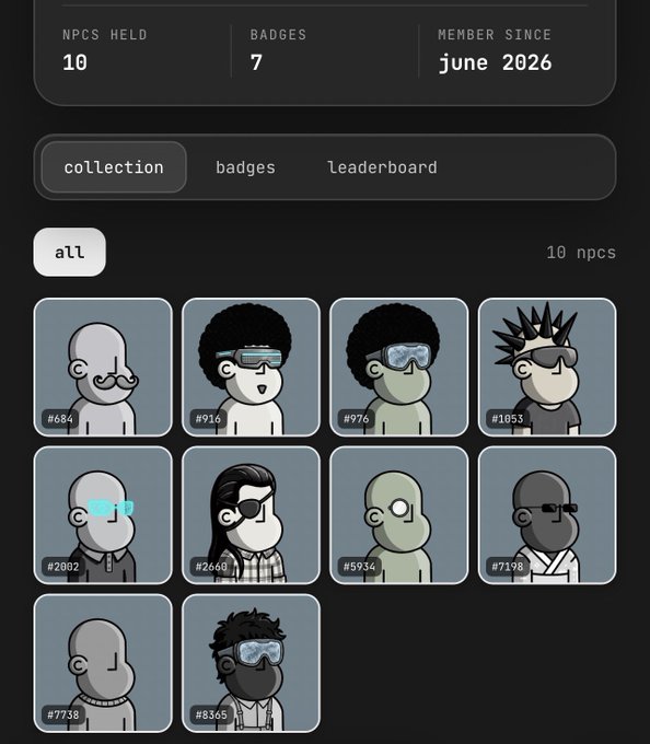 The image shows a list of cartoon characters with their corresponding badges and achievements displayed on a computer screen, likely from a social media platform or game. The characters include a man wearing glasses, a woman with a mustache, and others with various unique features. The badges and achievements are organized in a grid format, making it easy to compare the different characters' accomplishments. The post is titled "Getting there i've earned 25,379 points on @npconchain · non playa. very tradable." This suggests that the user has achieved a significant number of points or completed tasks related to the cartoon characters in the image.