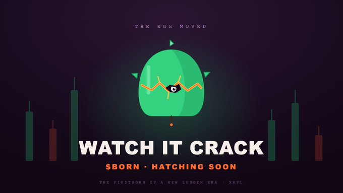 A promotional graphic featuring a green egg cracking with the text 'THE EGG MOVED', 'WATCH IT CRACK', 'SBORN · HATCHING SOON', and 'THE FIRSTBORN OF A NEW LEDGER ERA · XKPL'.