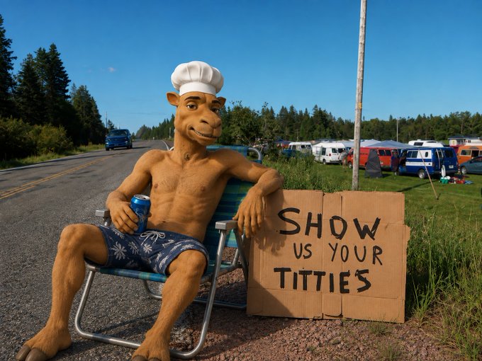 A shirtless troll doll figure wearing a chef's hat and blue shorts holds a beer can while sitting on a folding chair beside a cardboard sign reading 'SHOW US YOUR TITTIES' on a rural roadside.