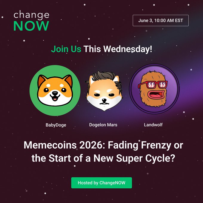 The image features a poster for an event called "Change Now" that takes place on June 3rd at 10 AM. The poster includes three cartoon heads, each representing a different cryptocurrency - BabyDoge, Dogelon Mars, and Wolf0x67. These characters are set against a purple background with stars scattered throughout the scene. The text on the poster reads: "Join us this Wednesday! This wednesday!" and it also mentions that there is a post about Memecos 2026 featuring three cartoon heads representing different cryptocurrencies - BabyDoge, Dogelon Mars, and Wolf0x67.