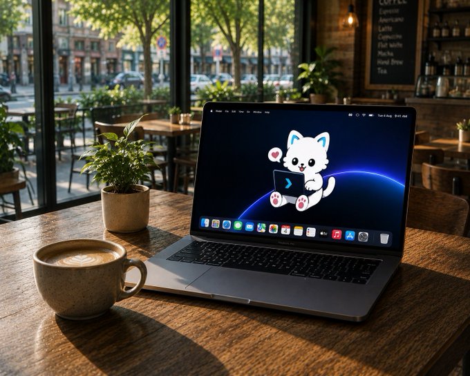 A laptop displays the Pocket Cat wallet app featuring a white cat mascot alongside a cappuccino on a wooden café table, with a coffee menu board visible in the background reading "Espresso," "Cappuccino," "Latte," "Flat white," "Mocha," "Iced Brew," and "Tea"—perfectly capturing the cozy café setting where users can manage their crypto wallet while enjoying their favorite brew.
