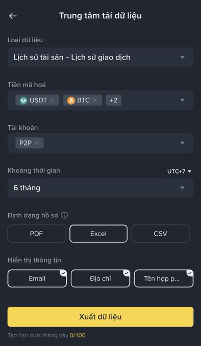 A Vietnamese data center settings screen titled 'Trung tâm tải dữ liệu' showing options to export asset and transaction history, with USDT and BTC selected as tokens, P2P account type, a 6-month time range in UTC+7, and Excel selected as the file format.