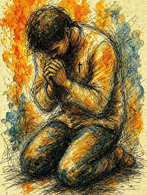 An expressive, sketched illustration depicts a kneeling figure with clasped hands in a posture of prayer, rendered in warm orange and dark ink tones.