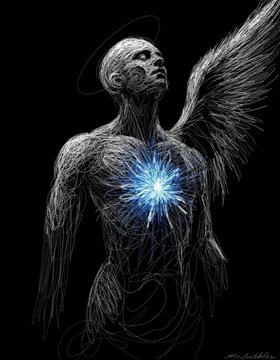 A sketched angel with a glowing blue heart at its core, symbolizing the emotional and personal nature of collecting art "from the heart" as referenced in the accompanying post. There is a small artist signature visible in the bottom right corner.
