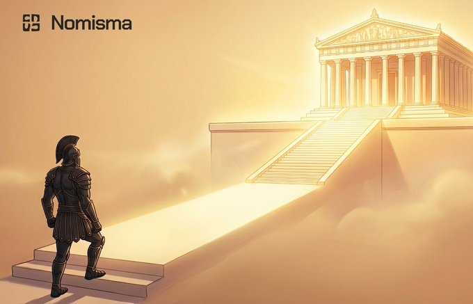 A Nomisma promotional illustration depicting a Roman soldier approaching a grand classical temple via a staircase, bathed in golden light and clouds.