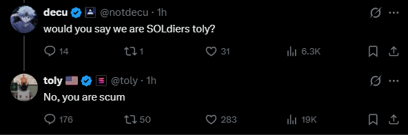 A Twitter conversation between two users, with the first user asking about soldiers and the second responding with a question about their opinion on the matter.