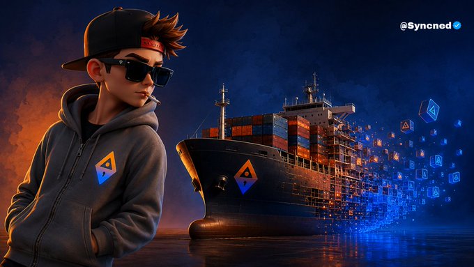 An illustrated cartoon character in a cap, sunglasses, and gray hoodie stands beside a large cargo ship emitting blue particles, with the handle '@Syncned' and a verification checkmark in the corner.