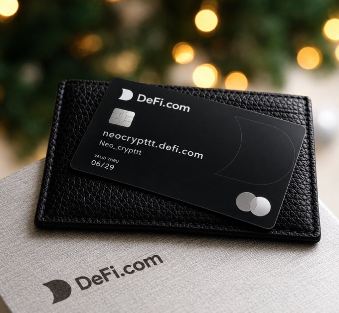 A black DeFi.com metal credit card sitting on a black leather wallet, with the name 'neocrypttt' and 'VALID THRU 06/29' printed on it.