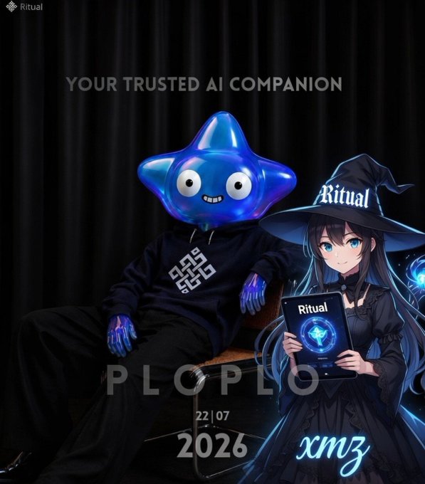 A promotional graphic for 'Ritual' branded as 'YOUR TRUSTED AI COMPANION' features a figure wearing a blue star-shaped mask and hoodie alongside an anime-style witch character, dated 22.07.2026 with 'xmz' text.