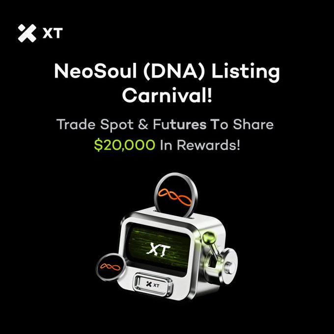 Promotional graphic for XT exchange announcing the NeoSoul (DNA) Listing Carnival, offering $20,000 in rewards for spot and futures trading, featuring the XT logo and a stylized 3D device displaying "XT" and DNA token icons. The image visually supports the giveaway event described in the post by highlighting the prize pool and the NeoSoul (DNA) listing on XT.
