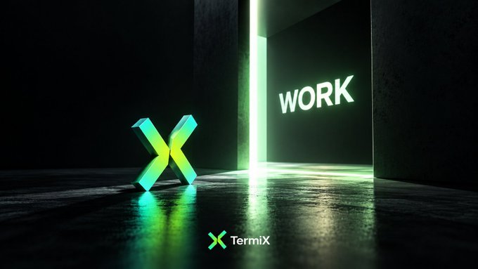 A dark promotional image with a glowing green doorway labeled 'WORK' and an illuminated 3D 'X' logo, with the 'TermiX' branding at the bottom.